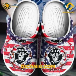 NFL Las Vegas Raiders USA Flag Breaking Wall Crocs Clogs Shoes