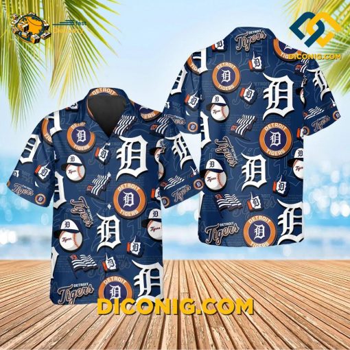 MLB Detroit Tigers Hawaiian Shirt Custom Blue Icon Collage