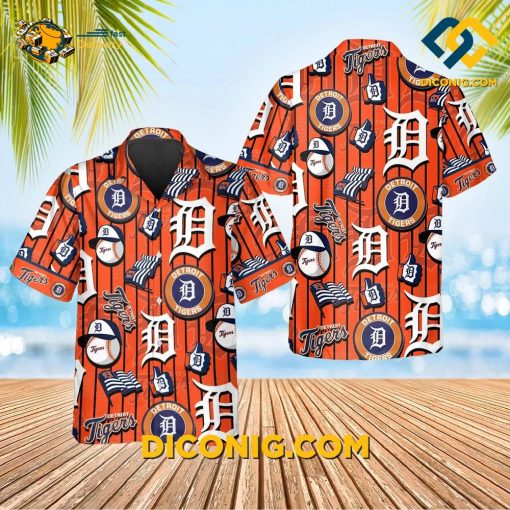 MLB Detroit Tigers Hawaiian Shirt Custom Orange Stripe Logo