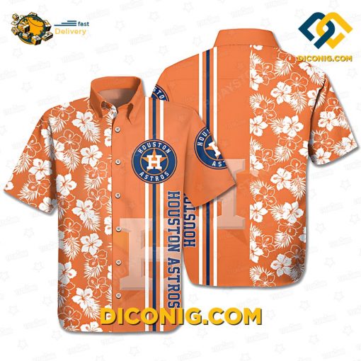 MLB Houston Astros Hawaiian Shirt Custom Orange Hibiscus Stripe