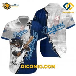 los angeles dodgers hawaiian shirt mascot bat swing