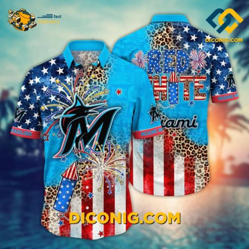 MLB Miami Marlins Hawaiian Shirt Custom Fireworks & Leopard Print
