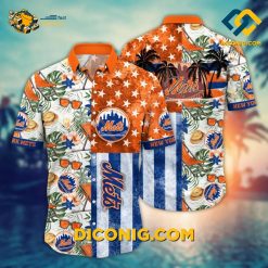 MLB New York Mets Hawaiian Shirt Custom Monstera Leaves American Flag