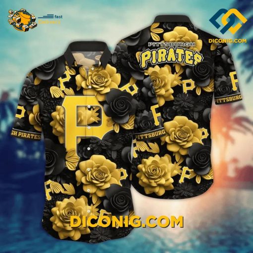 MLB Pittsburgh Pirates Hawaiian Shirt Custom Black & Gold Rose